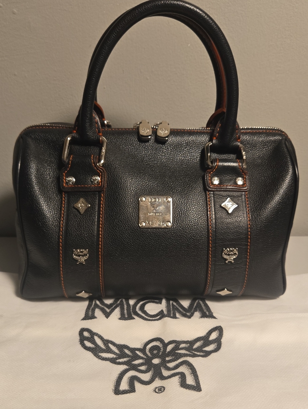 MCM Black Leather Boston Satchel with Silver Details